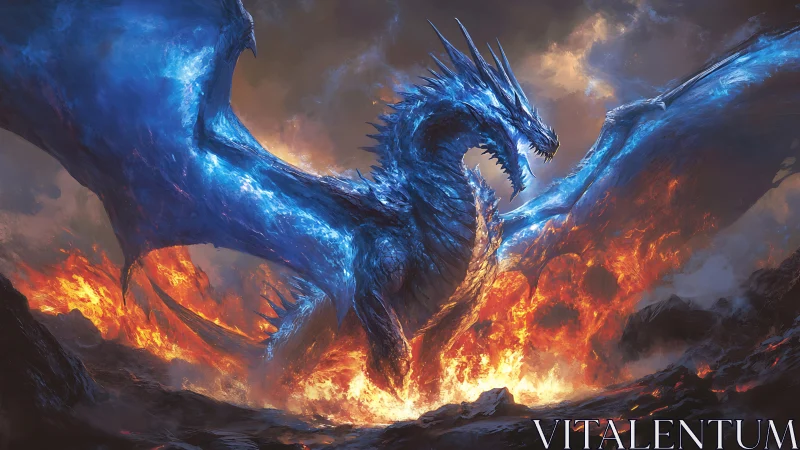 Skyforged blue dragon rising over molten inferno sky.