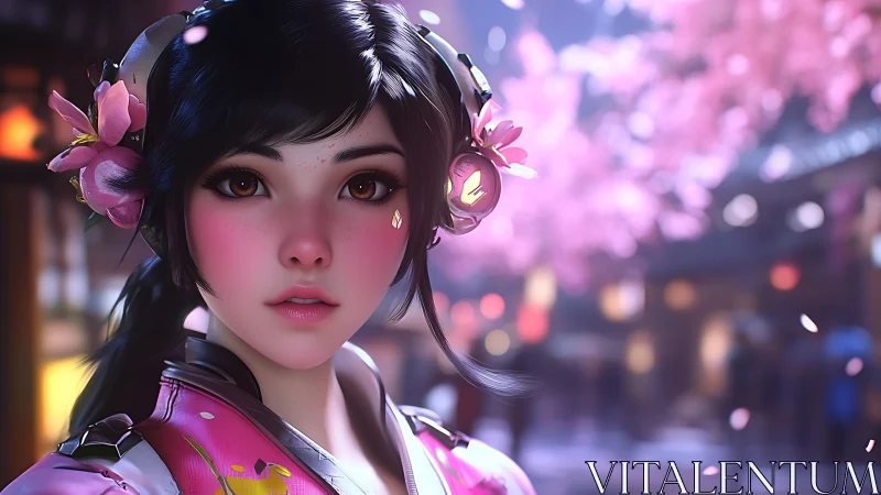 Cyber girl gazes through neon dusk under cherry blossoms.