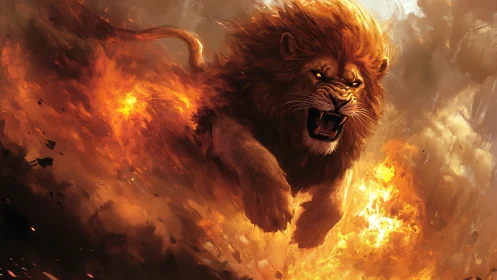 Roaring lion bursts through inferno with dynamic painterly motion