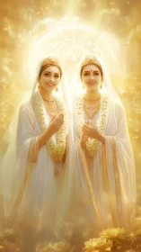 Divine twin goddesses in radiant golden celestial light.