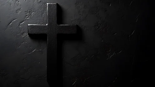 Quiet black cross resting in gentle, shadowed light.