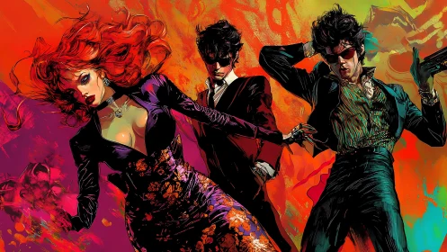 Stylish trio dancing through bold neon color storms.