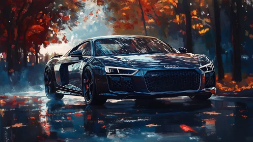 High-gloss supercar render in saturated autumn forest environment.
