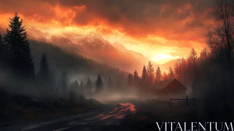 Mountain valley cabin stands in fog under intense sunset sky