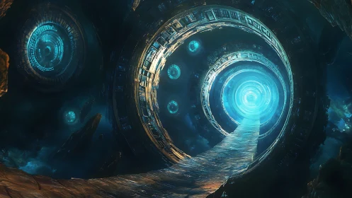Spiraling sci fi portal tunnel in luminous teal void.