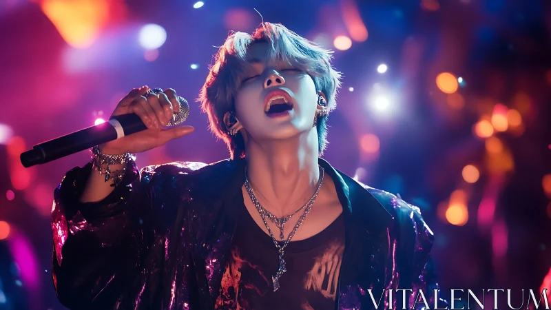 Electric stage singer bathed in neon concert lights