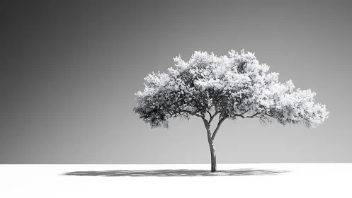 Quiet snowy tree standing alone in soft winter light.