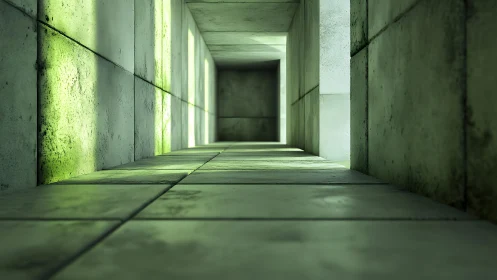 Minimalist concrete corridor with green ambient lighting, modern style.