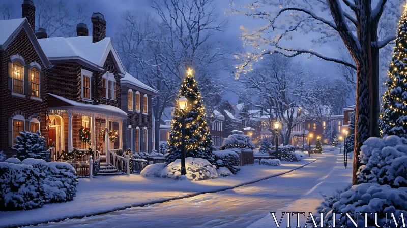 Snowy suburban street with glowing Christmas lights at dusk.