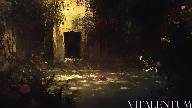 Overgrown courtyard pool with red sphere centerpiece.