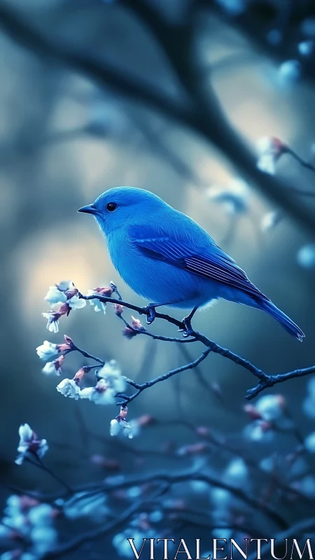 Vibrant Blue Bird Perched on Delicate Flowering Branch