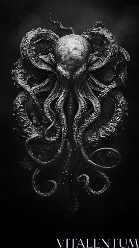 Monochrome eldritch octopus emerges from a shadowed abyss