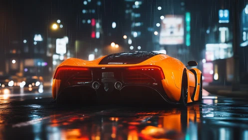 Orange sports car on wet city street at night in rainfall.