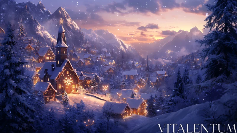 Snowy mountain village glows with gentle winter lights tonight
