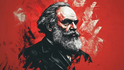 Bearded older man portrait on textured red background.