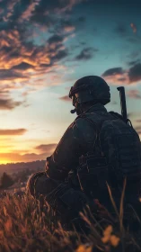 Soldier in tactical gear observing distant sunset horizon.