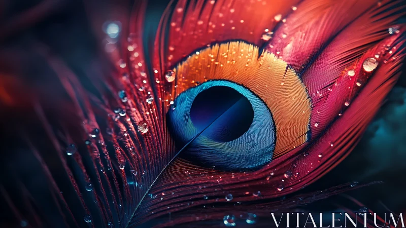 Macro close-up isolates peacock feather eye with droplets