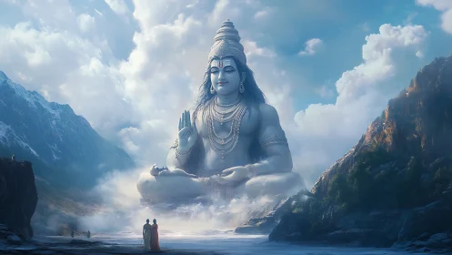 Colossal seated deity statue occupies misty mountain valley