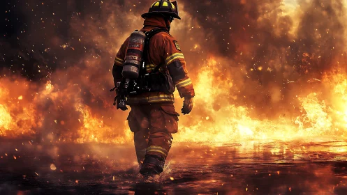 Firefighter Advancing Through Inferno of Intense Flames