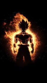 Blazing Saiyan silhouette crowned in roaring cosmic fire.