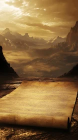 Ancient scroll rests on sunlit plateau above misty peaks.