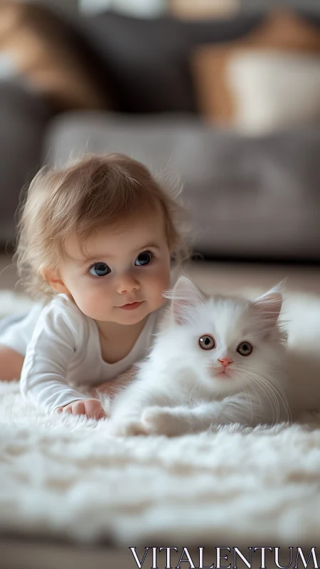 Toddler and White Kitten Bonding on Soft Rug.