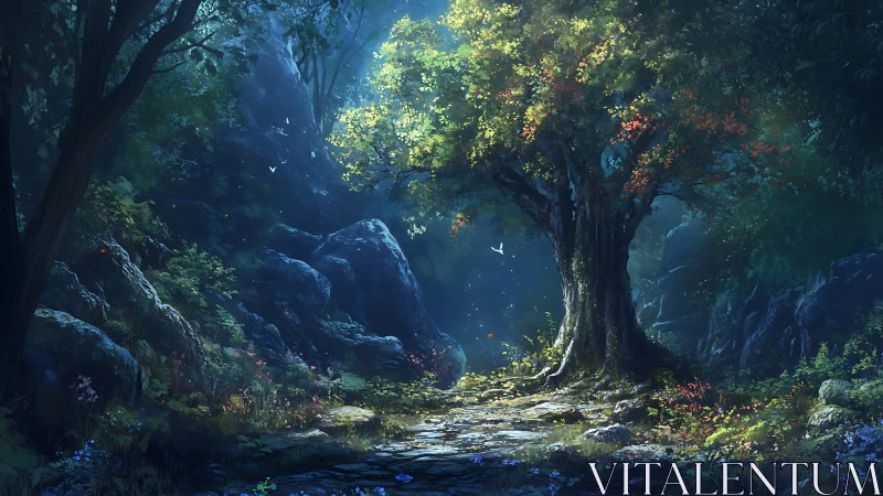 Ancient Forest Haven Glowing With Sunlit Magic