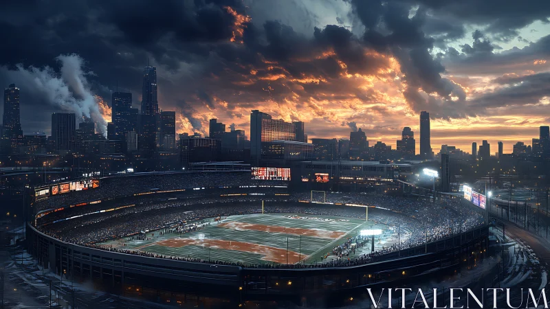 Sunset storm over packed urban football stadium skyline.