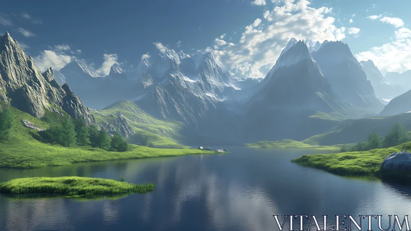 Mountain lake valley with distant snow peaks under daylight.