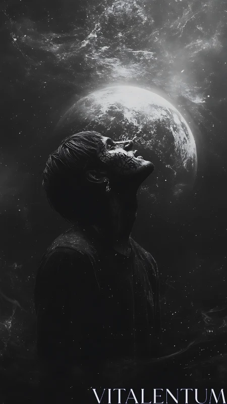 Lunar-backlit cosmic portrait with fractured dermal texture.