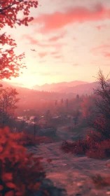 Soft sunrise glows over a quiet valley path in warm hues