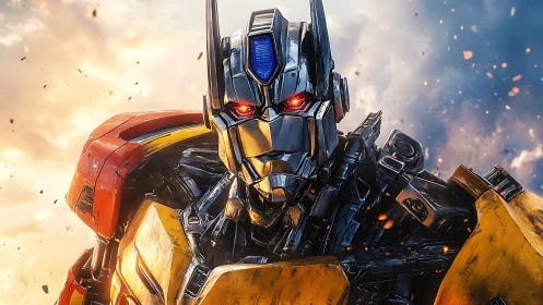 Battle-worn yellow robot warrior with glowing red eyes.