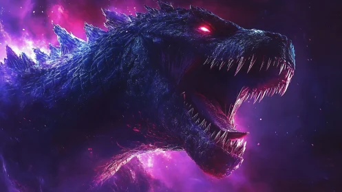 Cosmic neon kaiju roars through a storm of starlight.