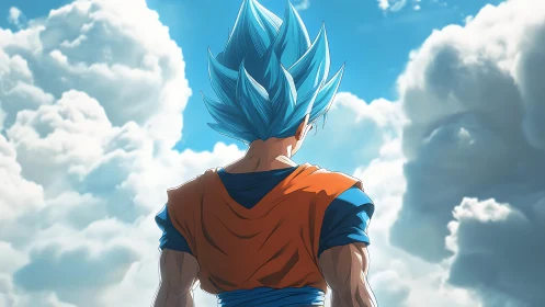 Lone blue haired warrior gazes into a sunlit clouded sky