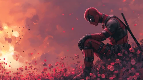 Red costumed figure seated in flower field at sunset.