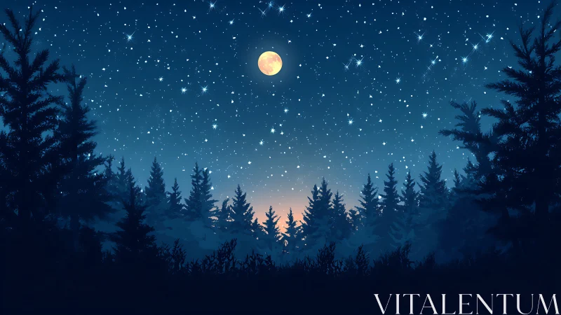 Lunar-lit conifer forest silhouette under dense starfield gradient