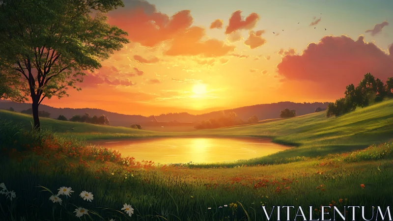 Sunlit meadow lake under vivid orange sunset sky.