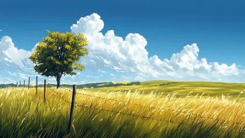 Wind-blown grassland, barbed fence and cumulus bank panorama.