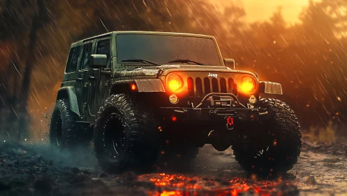 Off-road Jeep renders dynamic wet-surface traction under rainfall
