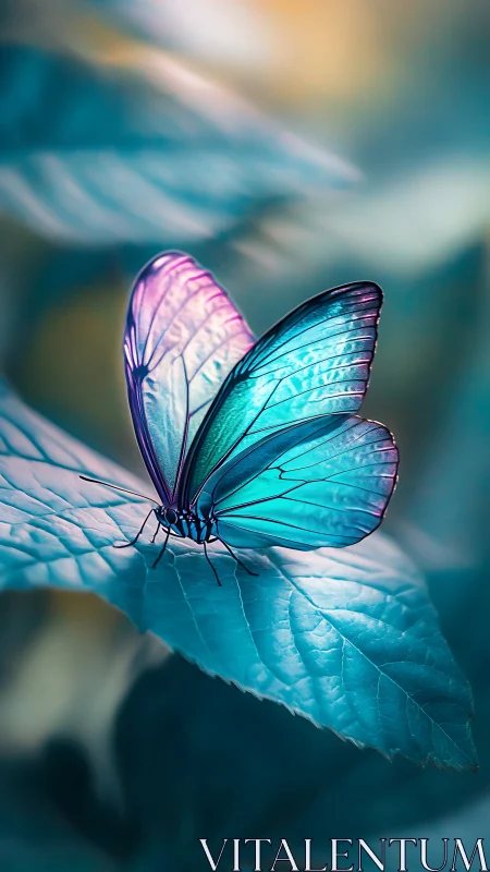 Iridescent blue butterfly resting softly on dreamy leaf.