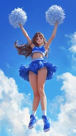 Sky-high cheerleader leaping into a bright summer day.