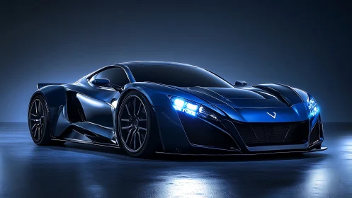 Sleek blue supercar in dark studio side front view shot.