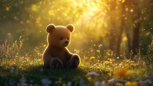 Backlit plush teddy bear in shallow-depth meadow bokeh environment