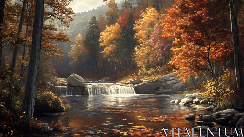 Golden autumn river cascade under soft afternoon light.