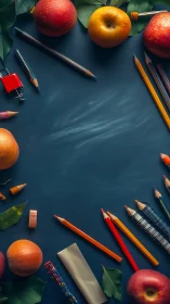 Vertical composition shows stationery and fruit around blank board
