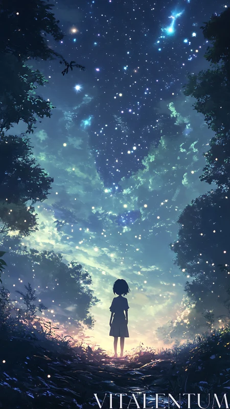 Silhouetted child observes luminescent starfield above forest path