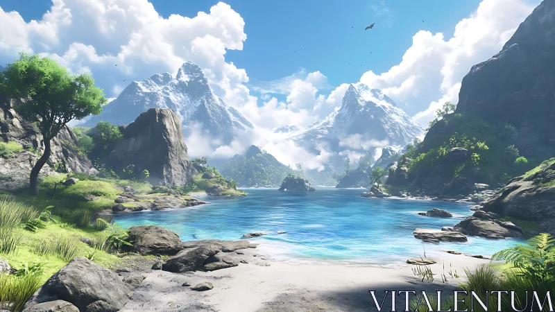 Alpine fjord landscape with snow-capped peaks and turquoise waters.