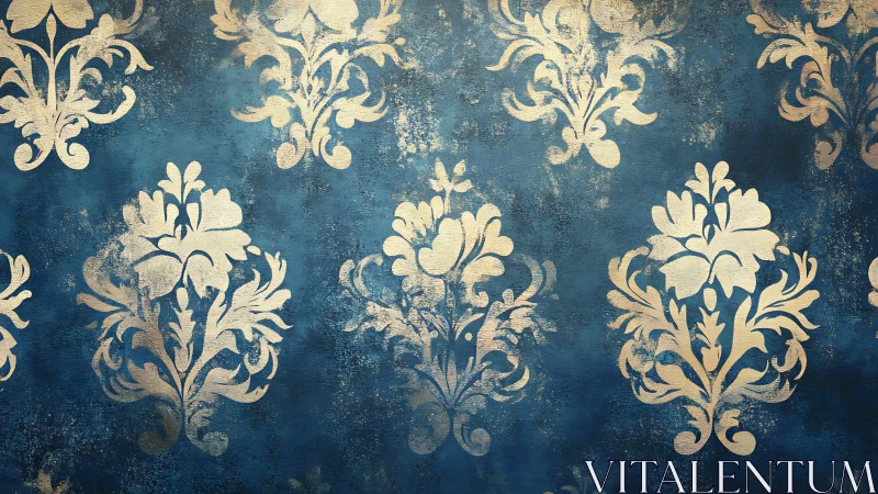 Vintage damask pattern on distressed teal painted wall.