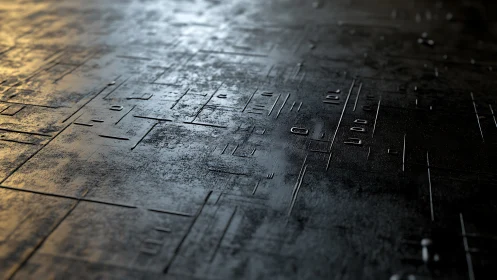 Macro closeup of weathered metallic circuit floor with bokeh light