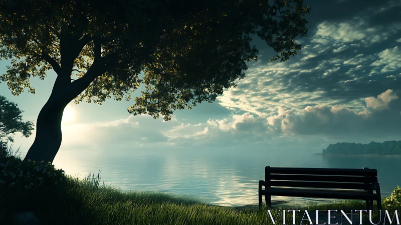 Lakeside bench under backlit tree captures tranquil dawn glow